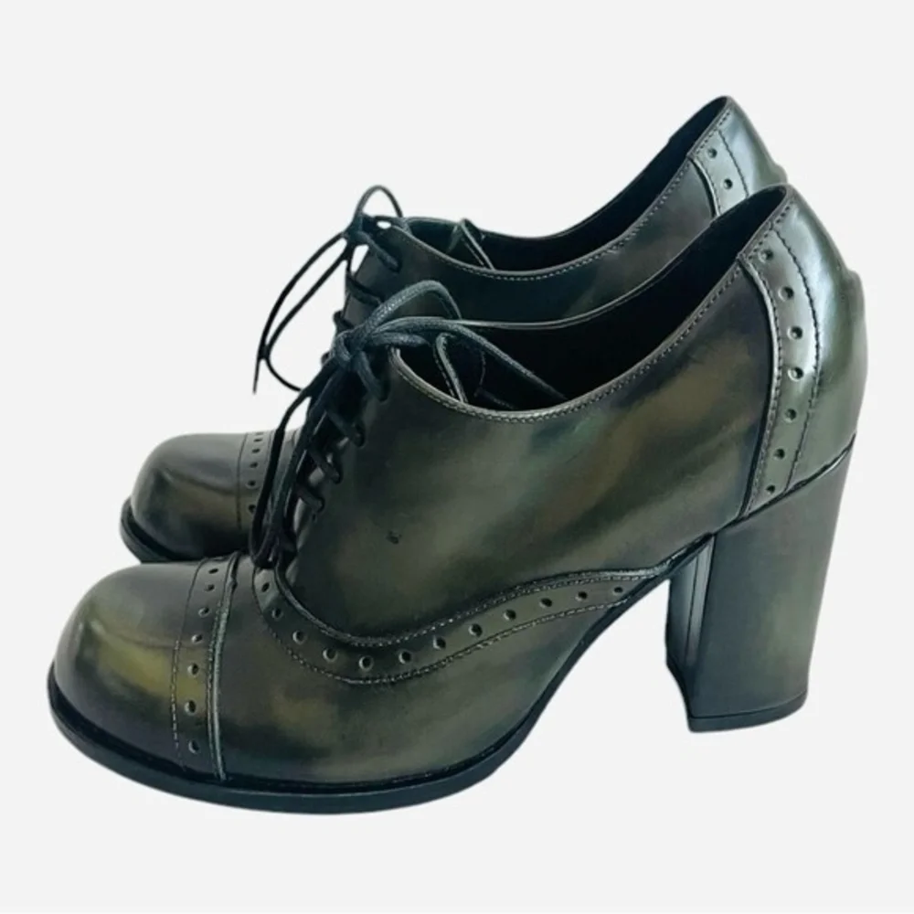 KAMMI Italy Chameleon Green Leather Lace-Up Heeled Ankle Booties Size 5.5